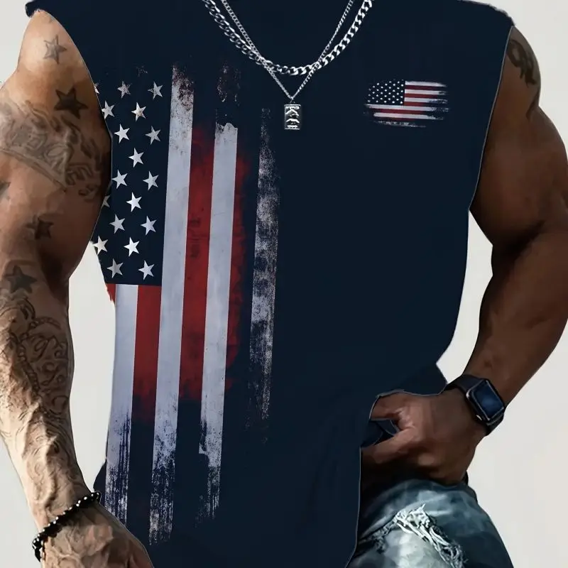 Men's sleeveless vest sports fitness personality pattern European and American  printing summer casual round neck vest flag top