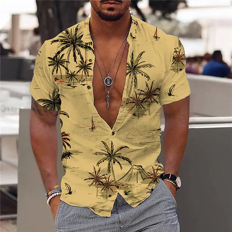 2024 Cotton Summer Shirts Men's Hawaiian Shirt Casual Fashion Street Short Sleeves Coconut Tree Beach Vacation Party Men's Shirt