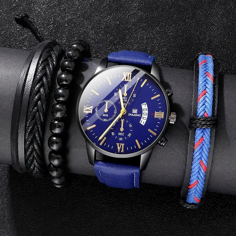 4Pcs Set Men Watch Fashion Leather Band Calendar Military Sport Watches Mens Luxury Casual Quartz Watch Male Clock Gifts