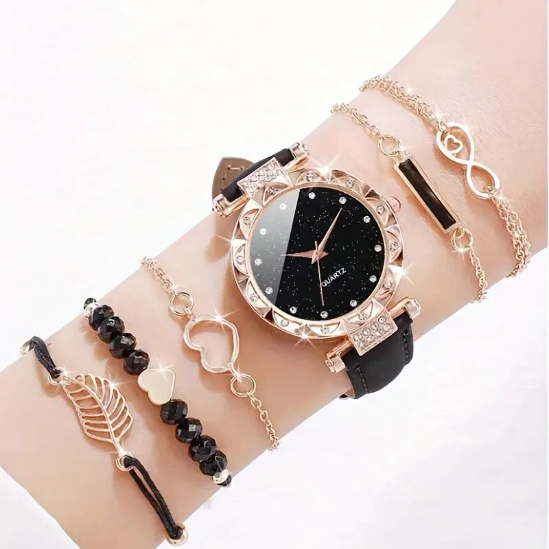 6pcs Ladies Fashion Casual Star Butterfly Digital Rhinestone Belt Quartz Watch Feather Love Crystal Bracelet Gift Set