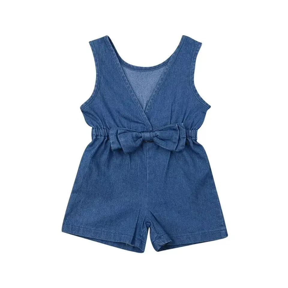 Summer 1-6 Years Old Girls' Casual Denim Sleeveless Bow Jumpsuit