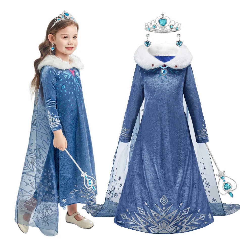 Halloween Elsa Dress for Girls Children Party Princess Costume Kids Disguise with Long Cloak Girl Snow Queen Carnival Clothes