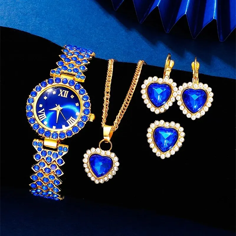 New Luxury Watch Women Necklace Earring Blue Rhinestone Fashion Wristwatch Casual Ladies Watches Jewelry Set Relogio Feminino