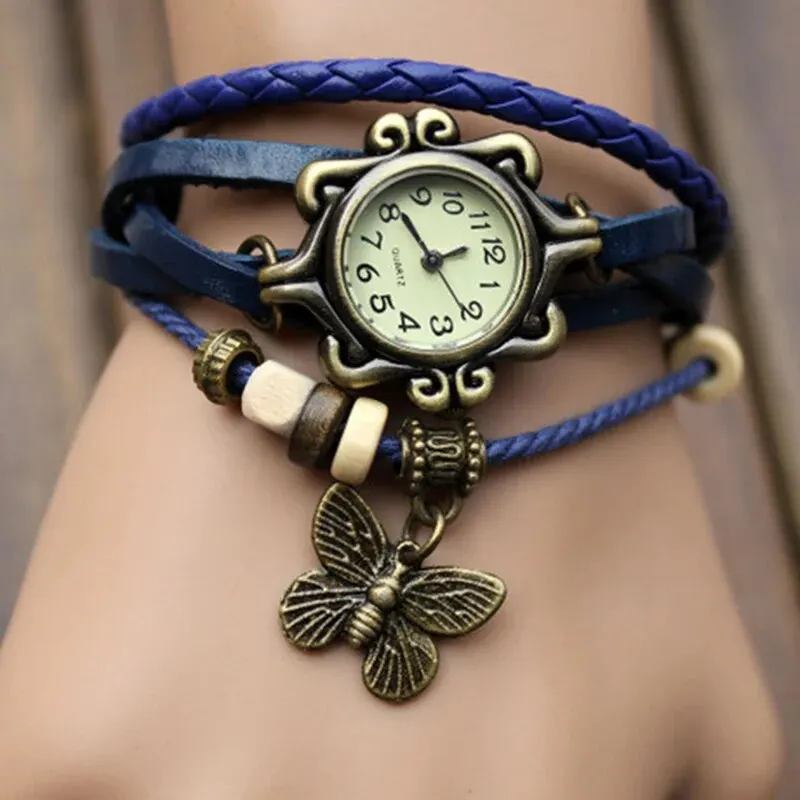 Fashion Retro Leather Strap Butterfly Pendant Women Bracelet Watch