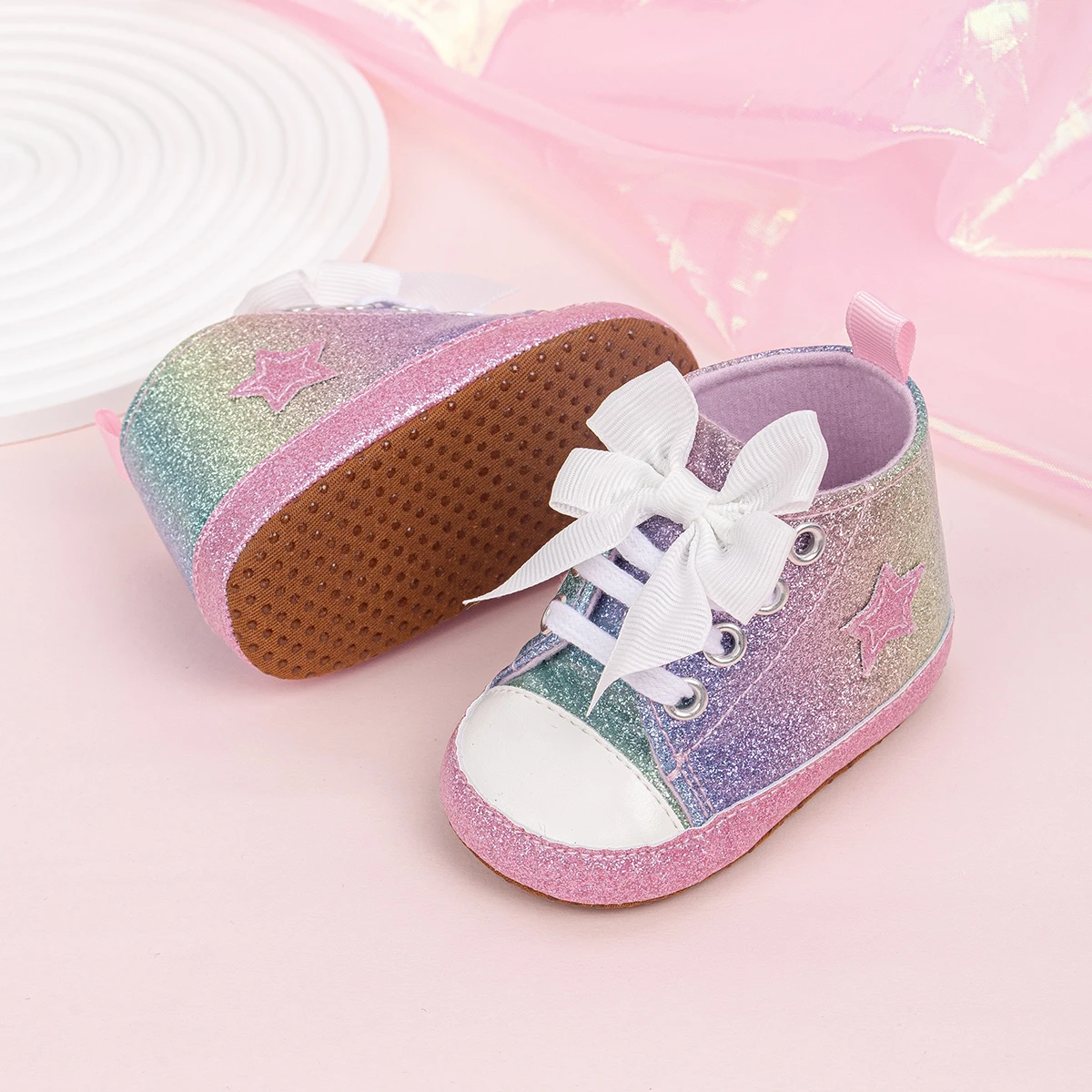 Meckior Baby Star Canvas Shoes Glittering Bowknot Soft Sole Anti Slip Baby Girls Shoes High-top Toddler Lace-up Princess Shoes