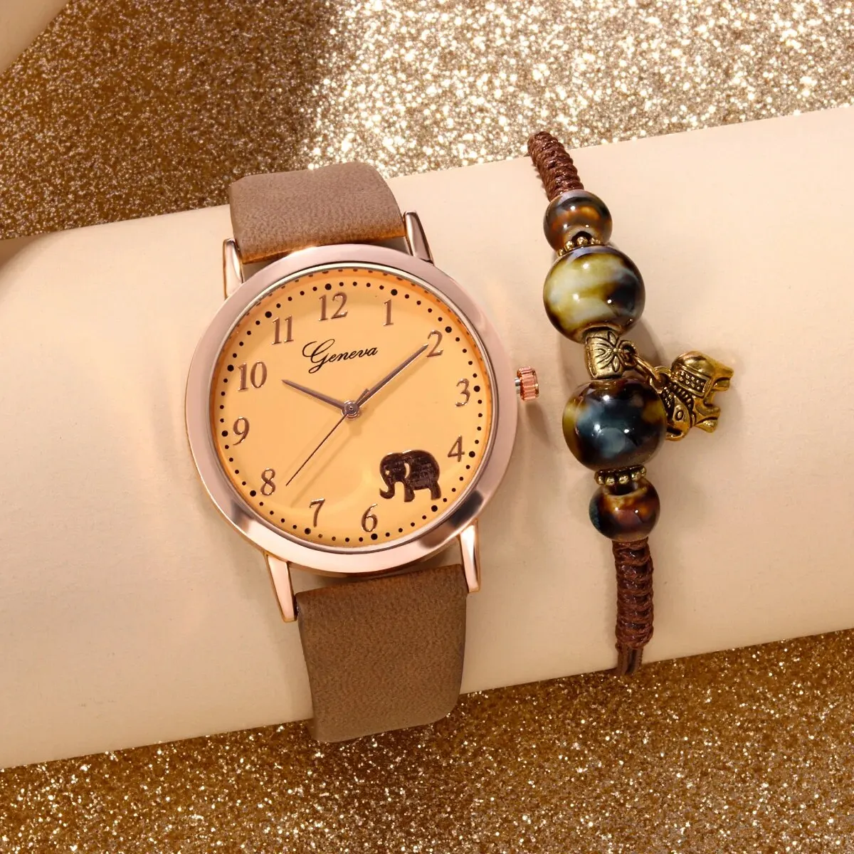 2PCS Ladies Fashion Simple Digital Elephant Leather Quartz Watch Ceramic Coffee Bracelet Love Pink Birthday Christmas Gift Set