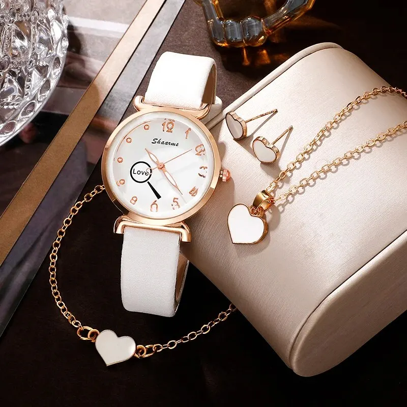 5PCS Set Luxury Watch Women Love Necklace Earrings Bracelet Set Watches Leather Band Ladies Simple Dress Quartz WristWatch