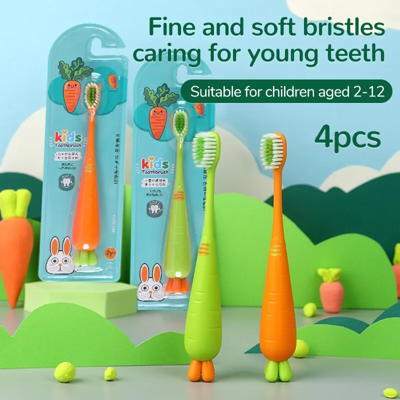 4PCS Children's Toothbrush Cartoon Carrots Standable Toothbrush For Infants And Toddlers Toothbrush For Kids 2-12 Years Old