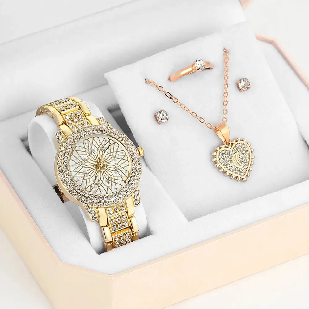 5PCS Set Luxury Watch Women Ring Necklace Earrings Rhinestone Fashion Wristwatch Female Casual Ladies Watches Golden Color Set