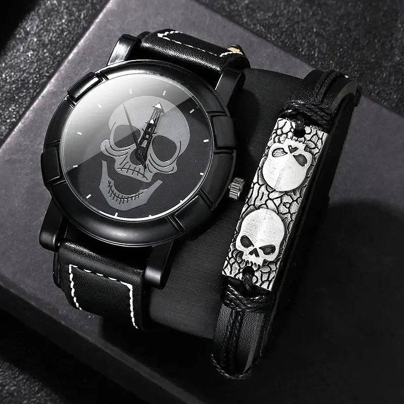 New Fashion Skull Watch Set Men Casual Sports Watches Men's Leather Strap Quartz Wrist Watch Fashion Business Men Watch Relogio