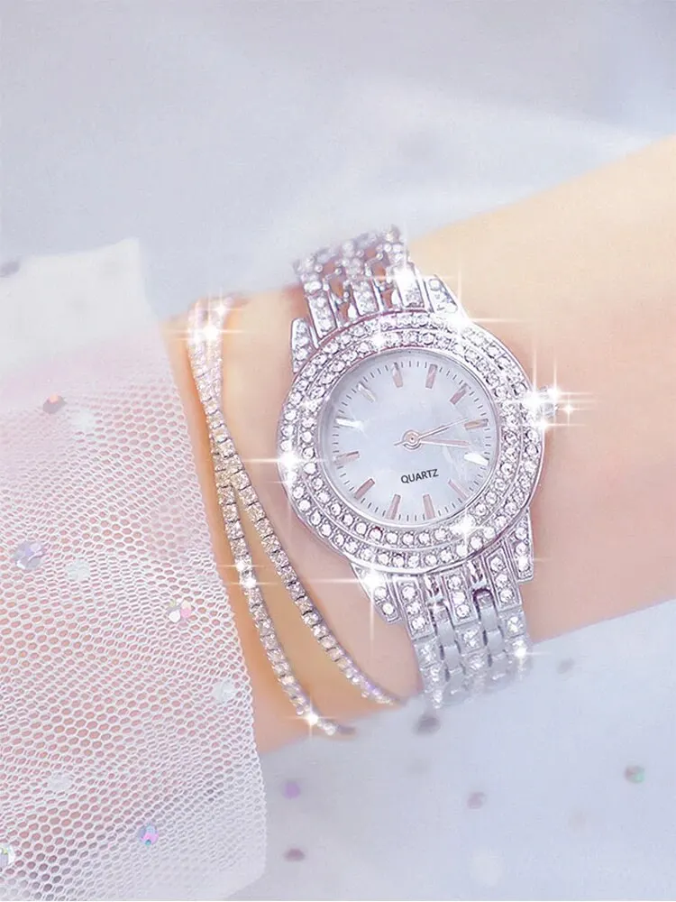 3PCs Women's Sparkling Round Diamond Band Quartz Watch+Bracelet Combination Set