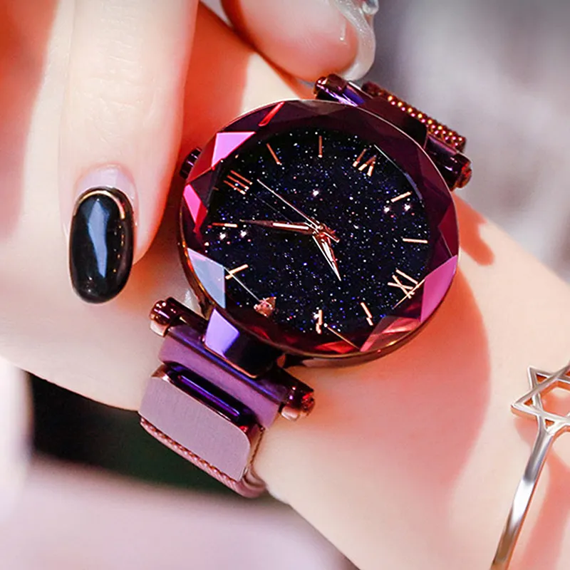 Womens Fashion Starry Sky Watches Magnet Buckle Mesh Belt Diamond Quartz Watch Women Dress Clock