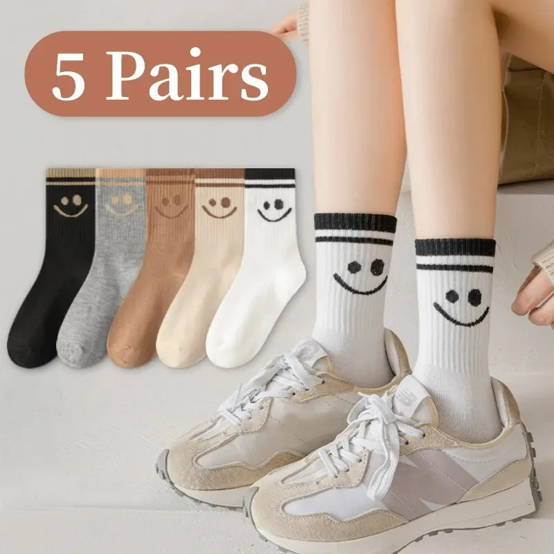 5 Pairs of Four Seasons Women's Fashion Trend Funny Smiling Face Stripes Comfortable Sports Minimalist Mid Length Socks