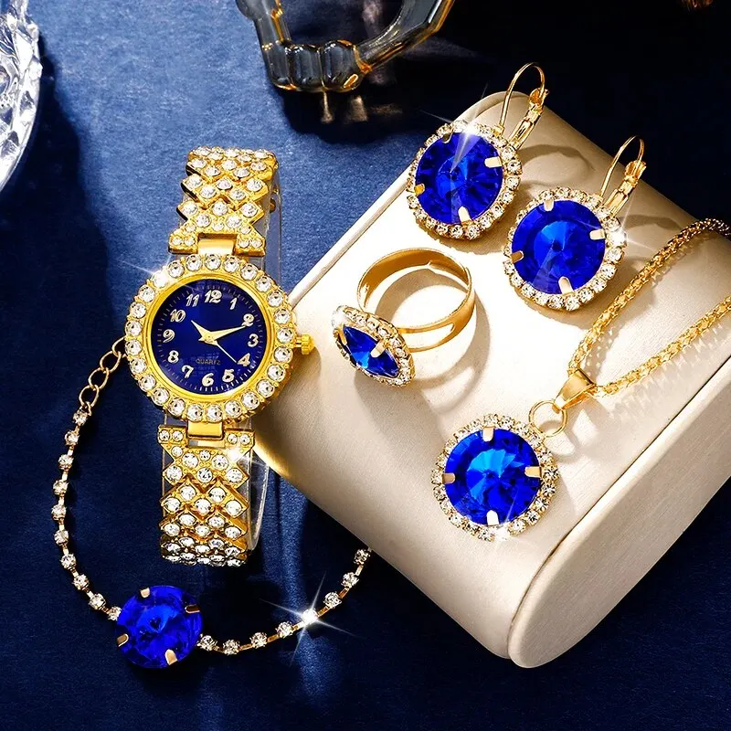 Women Blue Watch Ring Necklace Earrings Bracelet Set Diamond Fashion Wristwatch Female Casual Ladies Quartz Watches Jewelry Set