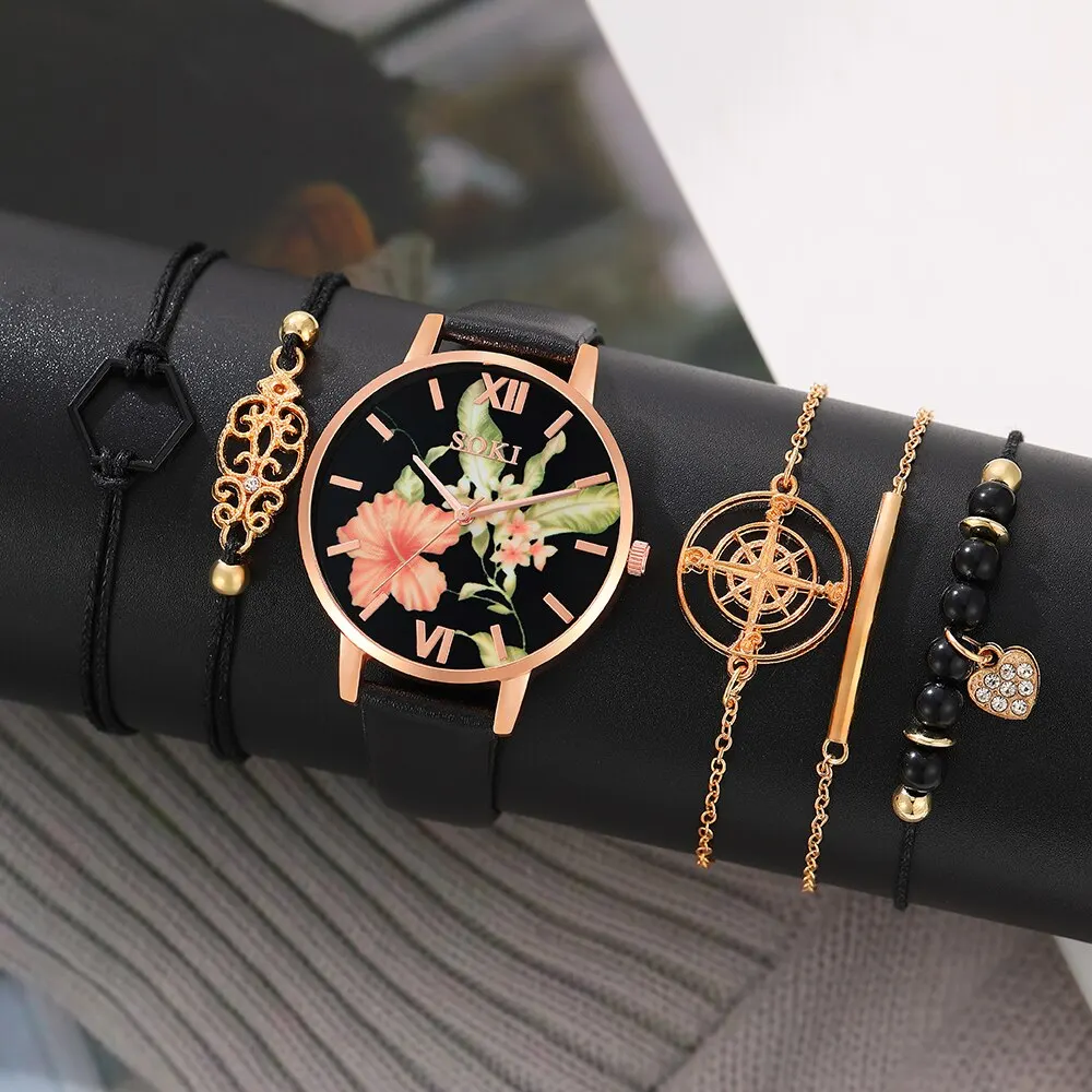 6pcs Set Dainty Quartz Watches Simple Bracelet Women Leisure Casual Round Pointer Flowers Dial Watch Marbling Bracelet Set