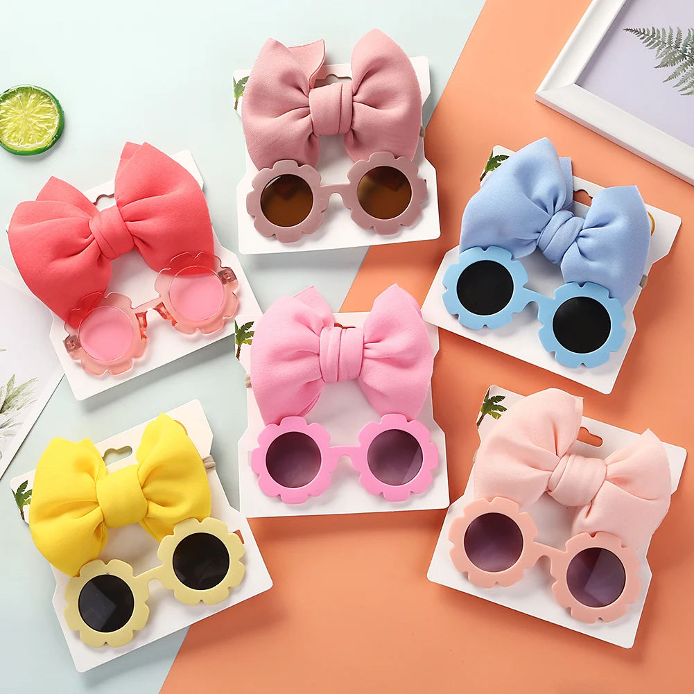 [1 Set] Fashion Big Bow Hair Band Sunglasses Baby Girls UVglasses Elastic Nylon Hairties Seaside Headband Accessories for Kids