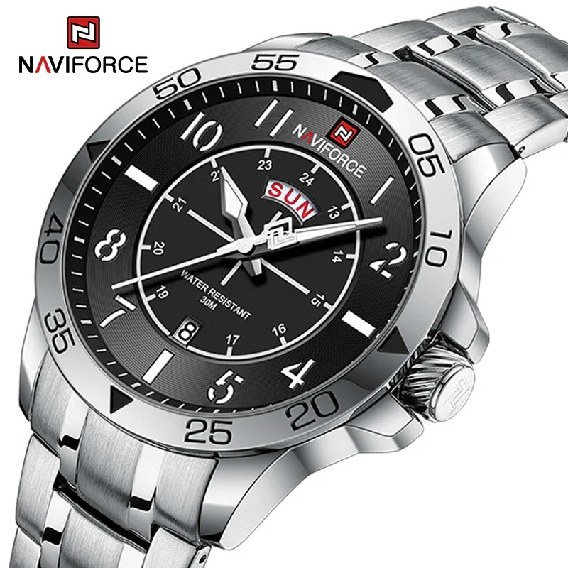 NAVIFORCE Man's Casual Wild Quartz Wristwatch Waterproof Stainless Steel Watches for Men Day and Date Display Clock Reloj Hombre