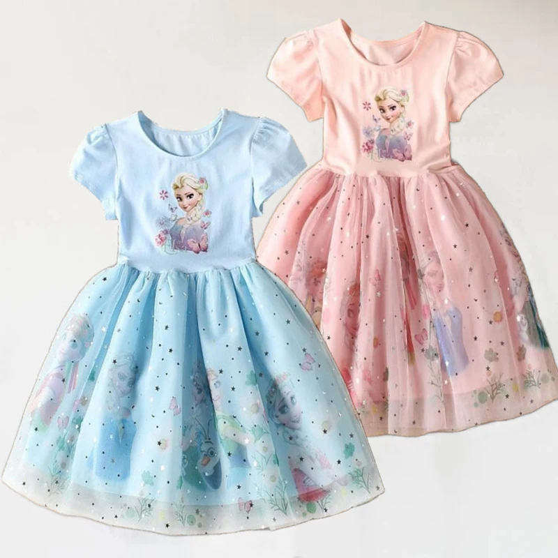 Cartoon Frozen Disneyland Trip Casual Dress for Little Girl Soft Princess Frock Kid Elsa Print Snow Queen A Line Summer Clothing