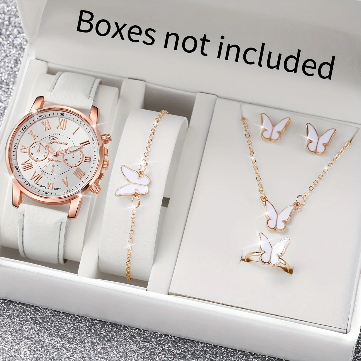 6PCS Fashion Women Watches Ladies Business White Leather Quartz Watch Womens Butterfly Necklace Earrings Bracelet Wristwatch