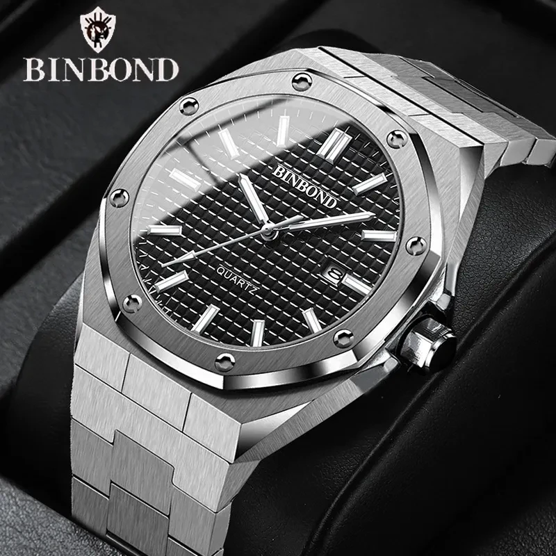 BINBONG Fashion Casual Men Watches Big Dial Silver Stainless Steel Calendar Quartz Wristwatch Classic Top Brand Male Clock B0233