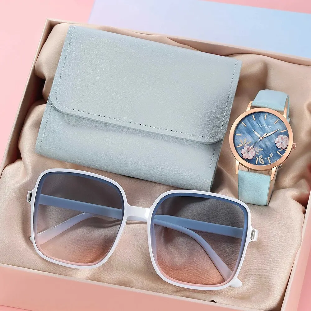 Women Casual Leather Belt Watches & Simple Wallet and Glasses Set Fashion Quartz Wristwatches Set Dress Montre Femme