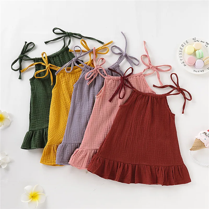 1-5 Years Old Kid Girl Summer Breathable Cotton Slip Dress Adjustable  Solid Color Halter Dress Toddler Girl Holiday Beachwea