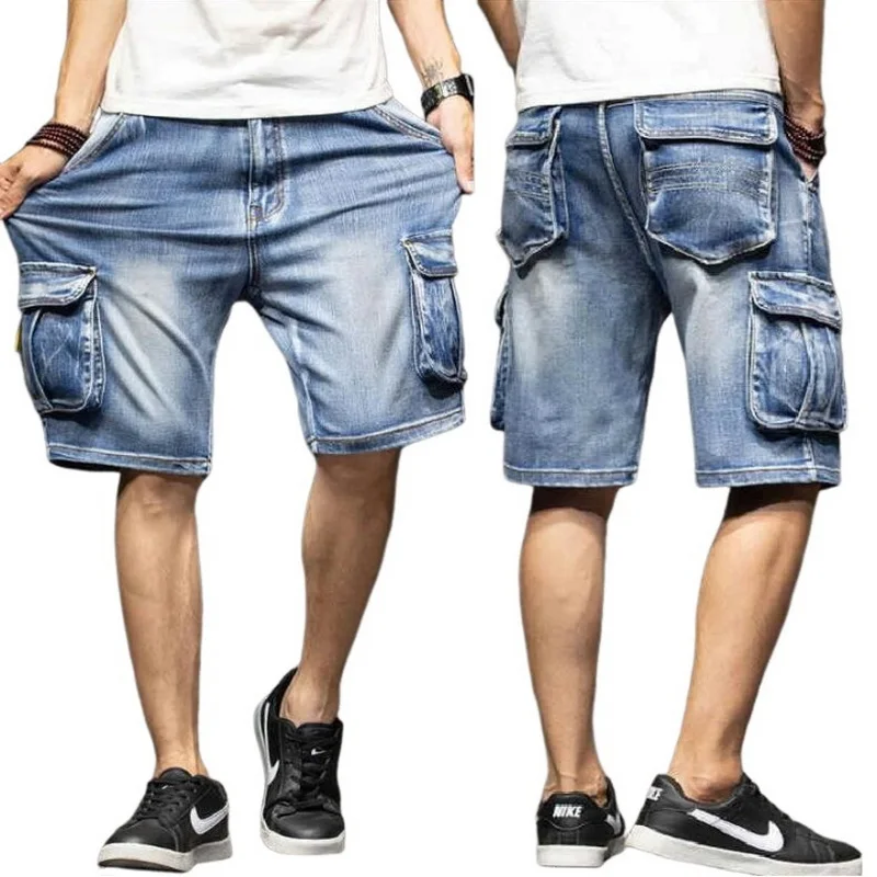 Men Jeans Multi Pocket Summer Loose Male Distressed Wide Leg Knee Length Shorts Washed Fashion Denim Shorts