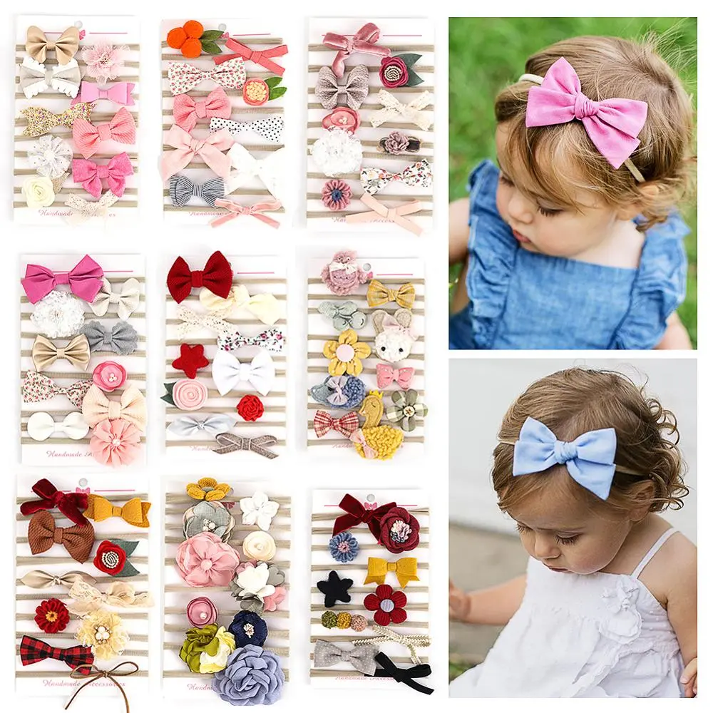 10Pcs/Set Flower Baby Headbands Elastic Nylon Hairbands Fabric Bow Leopard Headwraps Newborn Girls Safety Non-wave Headwear