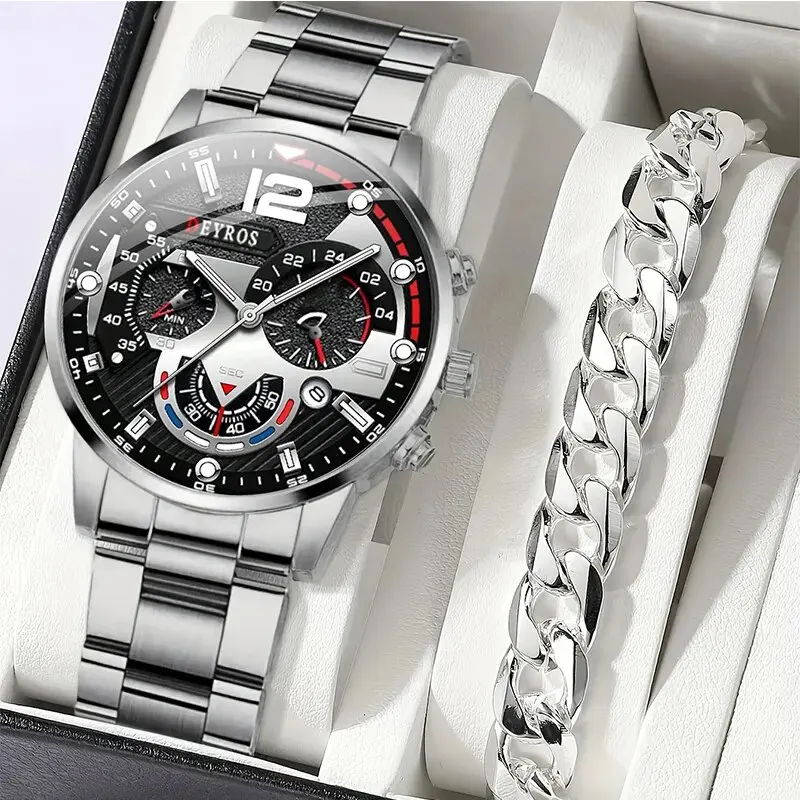 2Pcs/set Men's Fashion Luxury Steel Band Quartz Watch + Alloy Bracelet