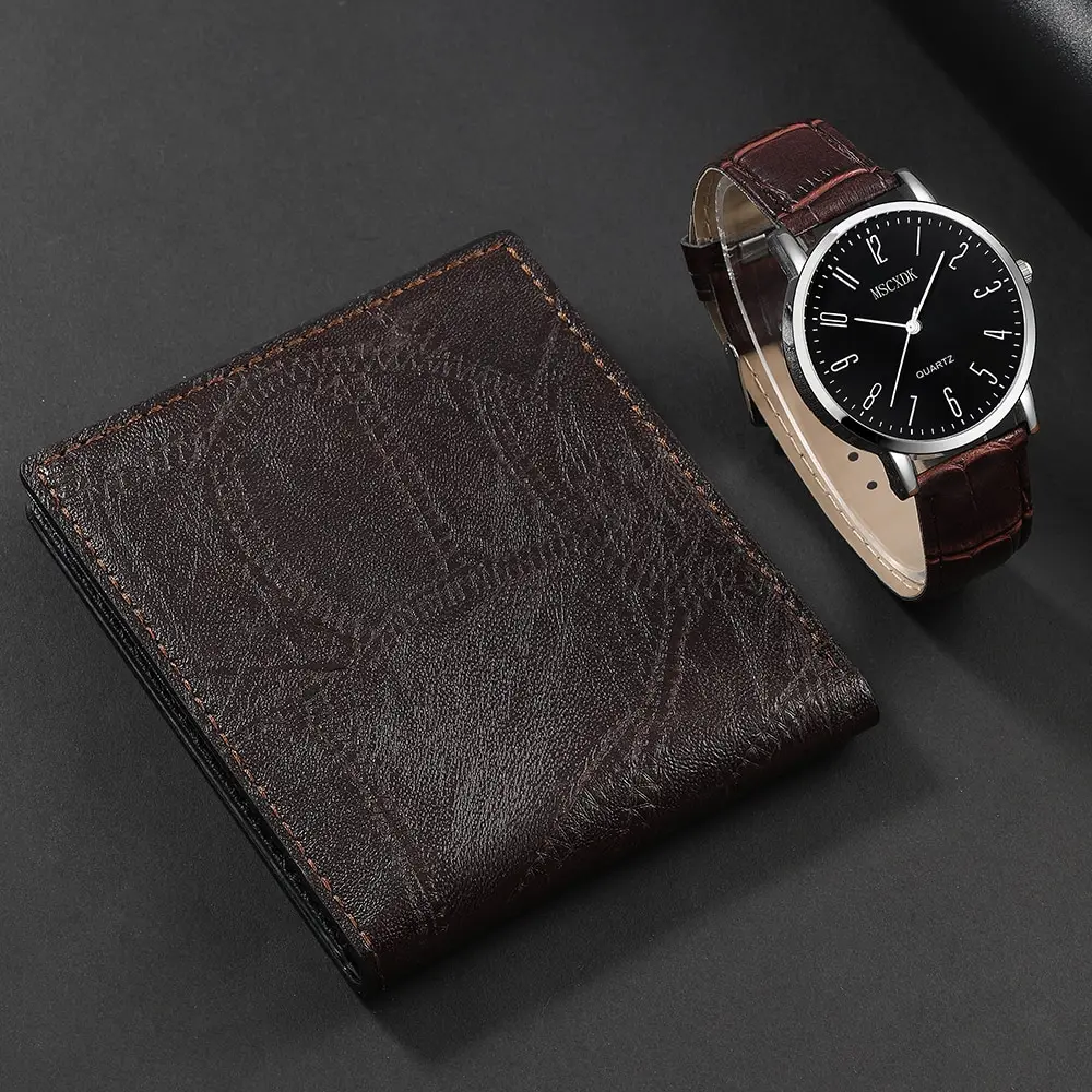 2Pcs Watch Wallet Set For Men Classic Business Quartz Wristwatch Male Black Leather Watches Retro Wallet Reloj Hombre