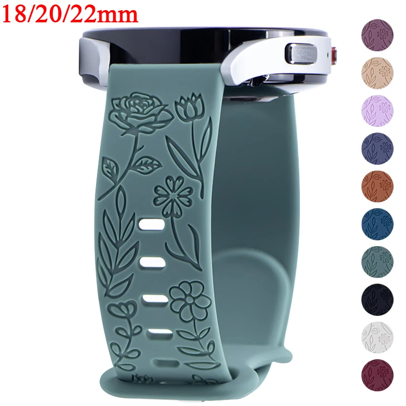 18 20 22mm Floral Engraved Band for Samsung Galaxy Watch 6/5/4 40mm 44mm/Huawei GT 3 Pro Silicone Sport Strap 5 Pro 45mm Active2