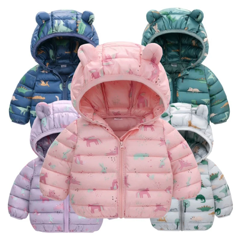 1-5 Years Baby Boy Hooded Lightweight Down Jacket Kids Girl Cartoon Dinosaur Zipper Coats Autumn Winter Warm Christmas Outerwear