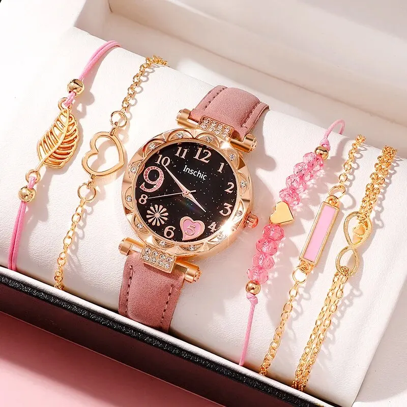 Women's Fashion Quartz Watch Luxury Pink Leather Band Analog WristWatch Ladies Watch Women Dress Bracelet Set Reloj Mujer Clock