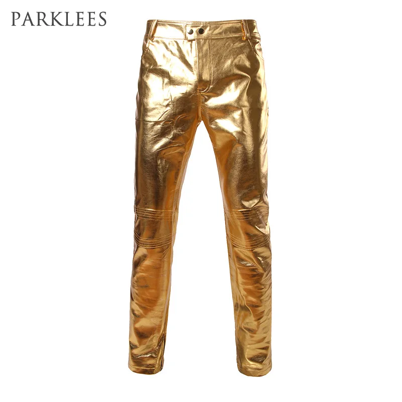 Motorcycle PU Leather Pants Mens Brand Skinny Shiny Gold Silver Black Pants Trousers Nightclub Stage Pants for Singers Dancers