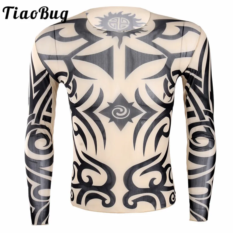 TiaoBug Soft O-Neck See Through Long Sleeve Fake Tattoo Design Elastic Sexy Men T-Shirt Male Fancy Party Costume