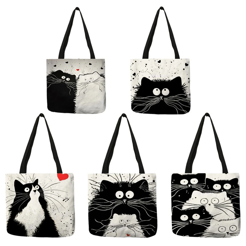 Main Customized Tote Shopping Bag Cute Cat Printing Women Handbag Linen Totes with Print Logo Casual Traveling Beach Bags image