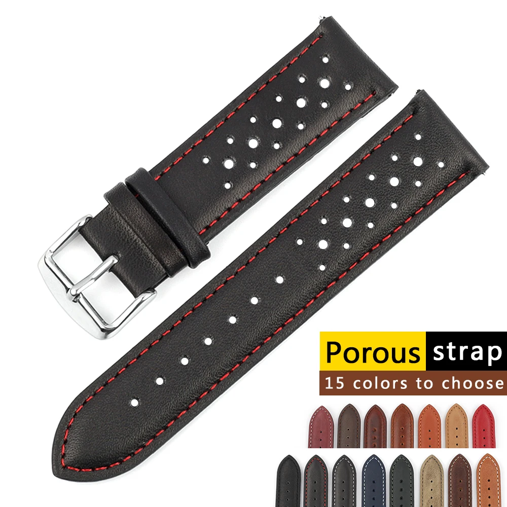 Handmade Watch Strap 18mm 19mm 20mm 22mm For Women Men Leather Strap Black Brown Blue Breathable Porous Watchbands Bracelet # C