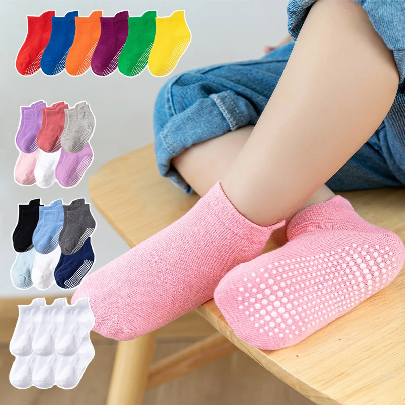 6 Pairs/lot 0 to 6 Yrs Cotton Children's Anti-slip Boat Socks For Boys Girl Low Cut Floor Kid Sock With Rubber Grips Four Season