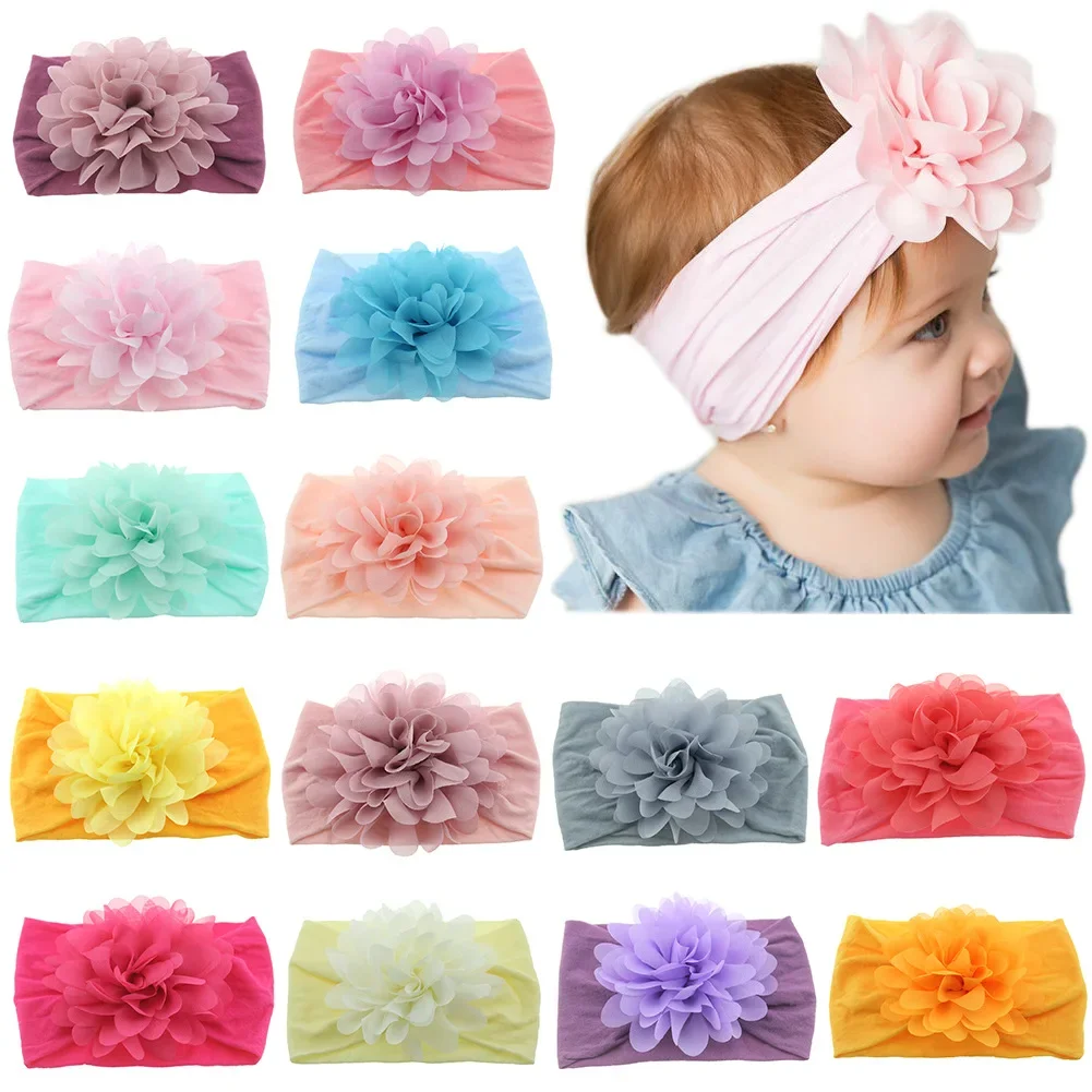 New Cute Soft Stretch Chiffon Flower Baby Headband Newborn Knot Wide Nylon Headwraps Infant Girls Headwear Photo Props