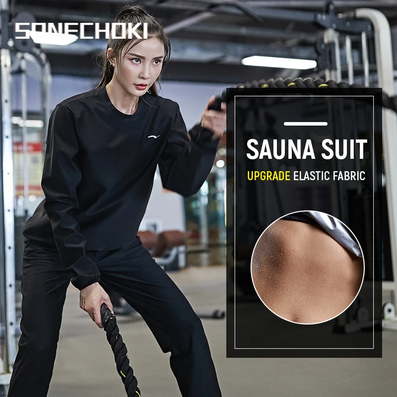 Main 2 Piece Set Women Pullover Black Sauna Suit Slimming Gym Clothing Loose Sportswear Weight Loss Jogging Sweat Fitness Workout Set image