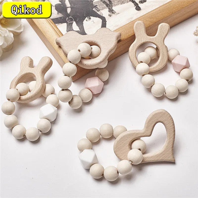 Baby Silicone Nursing Bracelets Wood Teether Silicone Beads Teething Wood Rattles Toys Baby Teether Bracelets Nursing Toys Gift