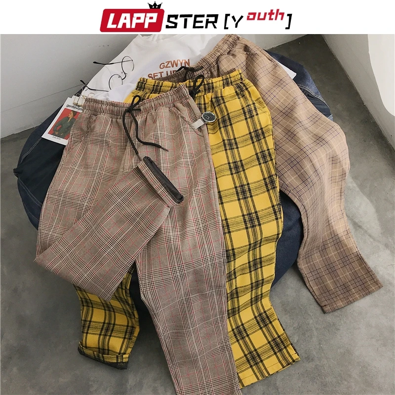 LAPPSTER-Youth Streetwear Black Plaid Pants Men Joggers 2023 Mens Straight Harem Pants Men Korean Hip Hop Trousers Plus Size