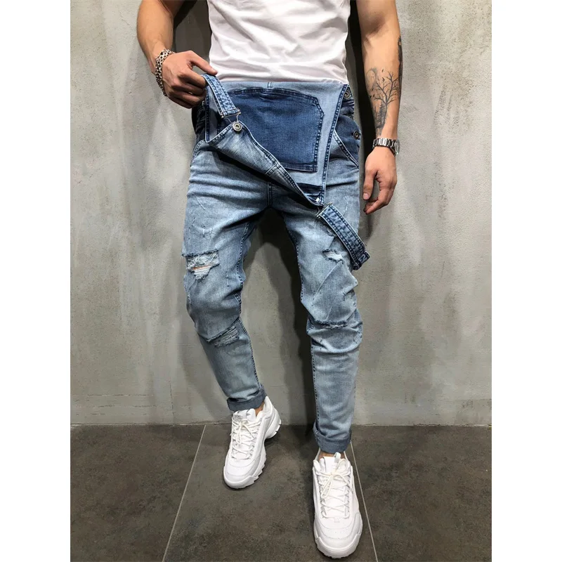 Fashion Men Pants Ripped Jeans Overalls Jumpsuits Hi Street Distressed Denim Bib Overalls For Man Suspender Pants Size S-XXXL