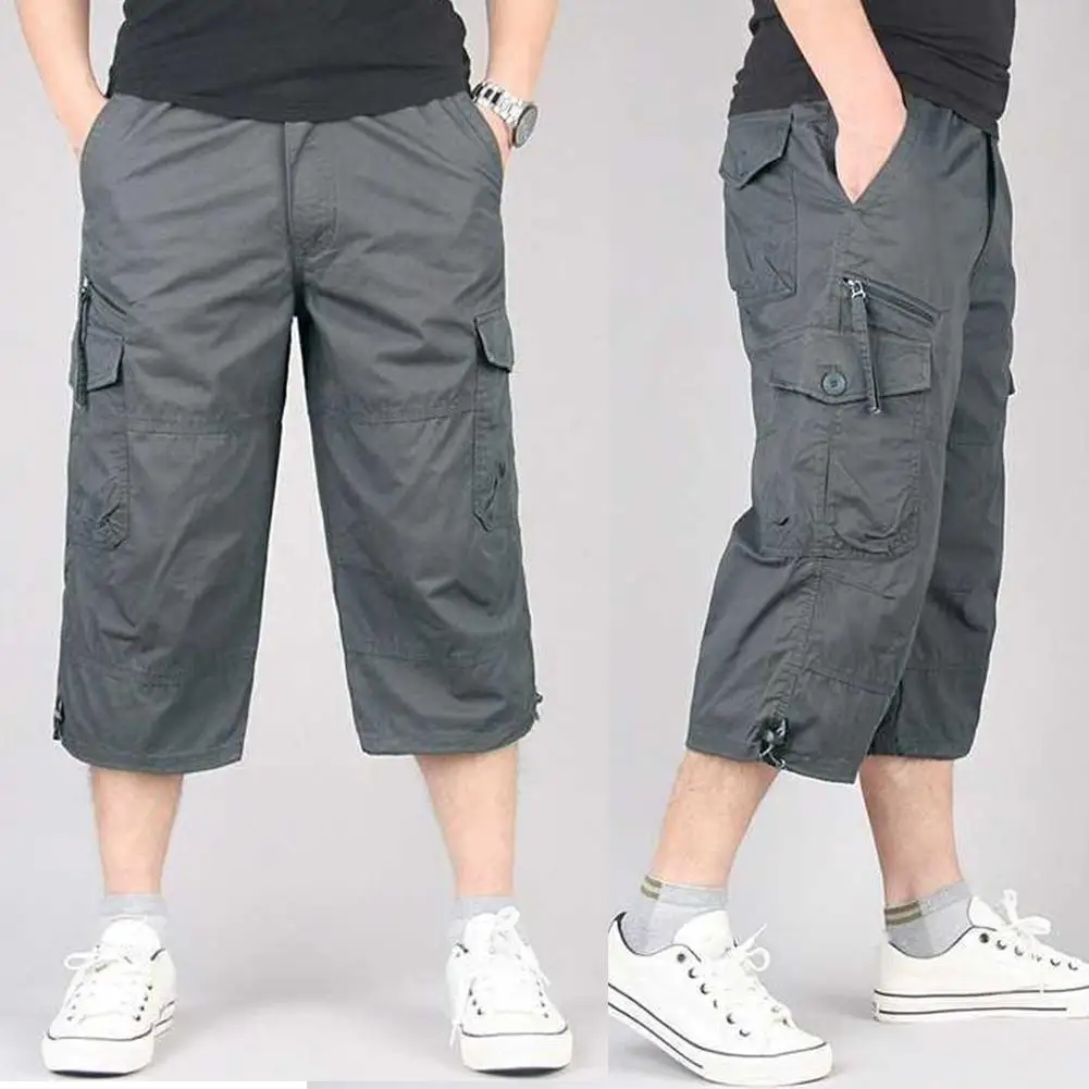 Summer Men's Casual Cotton Cargo Shorts Overalls Long Length Multi Pocket Hot breeches Pants Male Cropped Pants