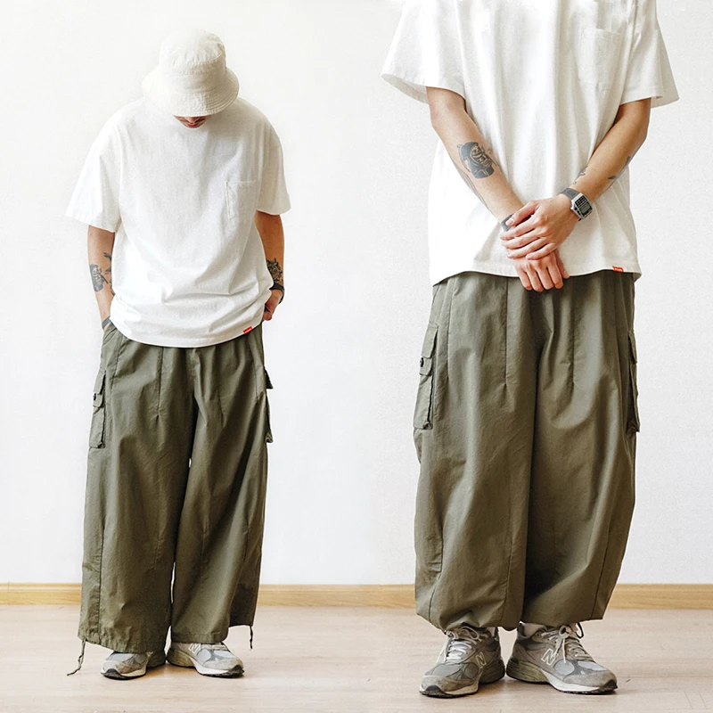 Multi-Pocket Cargo Pants Men's Casual Solid Colour Straight Pants Baggy Wide-leg Cropped Pants Men Ankle-length Pants