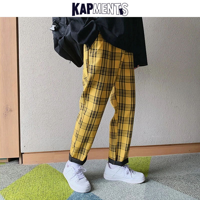 KAPMENTS Streetwear Yellow Plaid Pants Men Joggers 2023 Man Casual Straight Harem Pants Men Korean Hip Hop Track Pants Plus Size